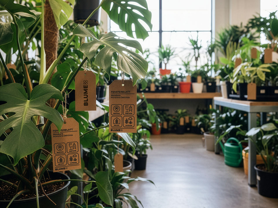 A Blume2000 flower store with the new logo and hangtag design.