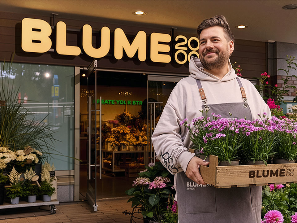A man in front of a Blume2000 store with the new logo and the new store concept.