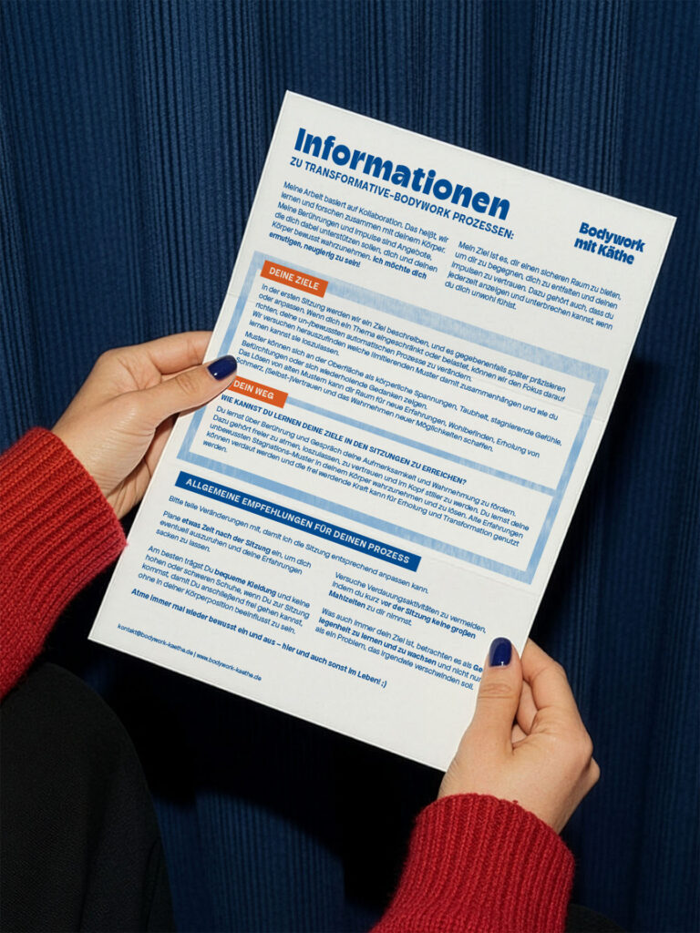 Bodywork with Kaethe Information Sheed on paper in front of a blue backdrop.