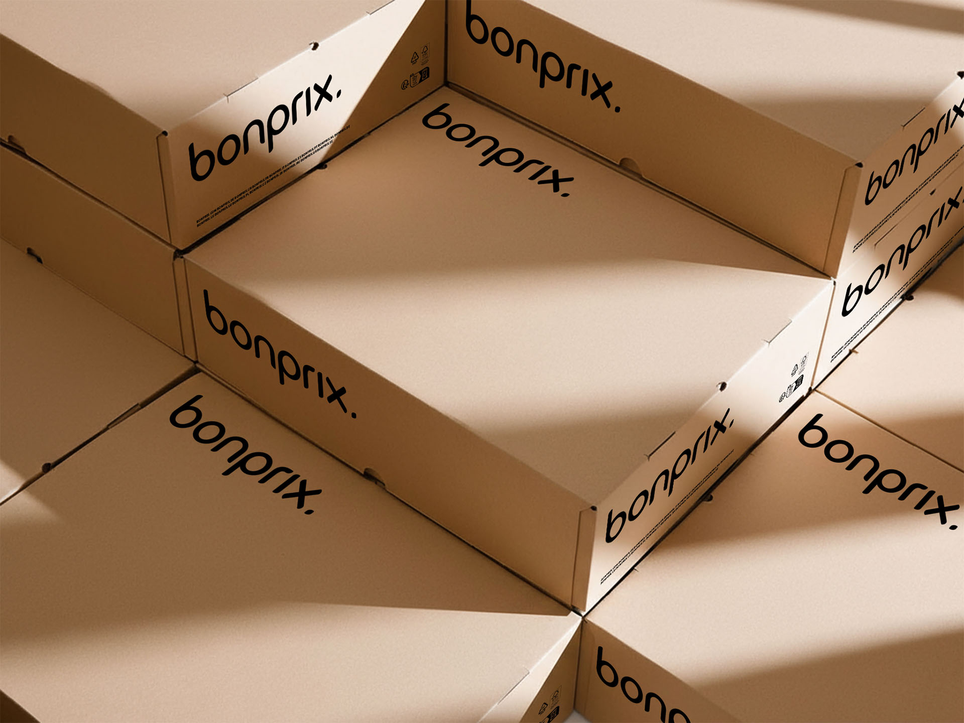 Bonprix packaging boxes with the new bonprix logo.