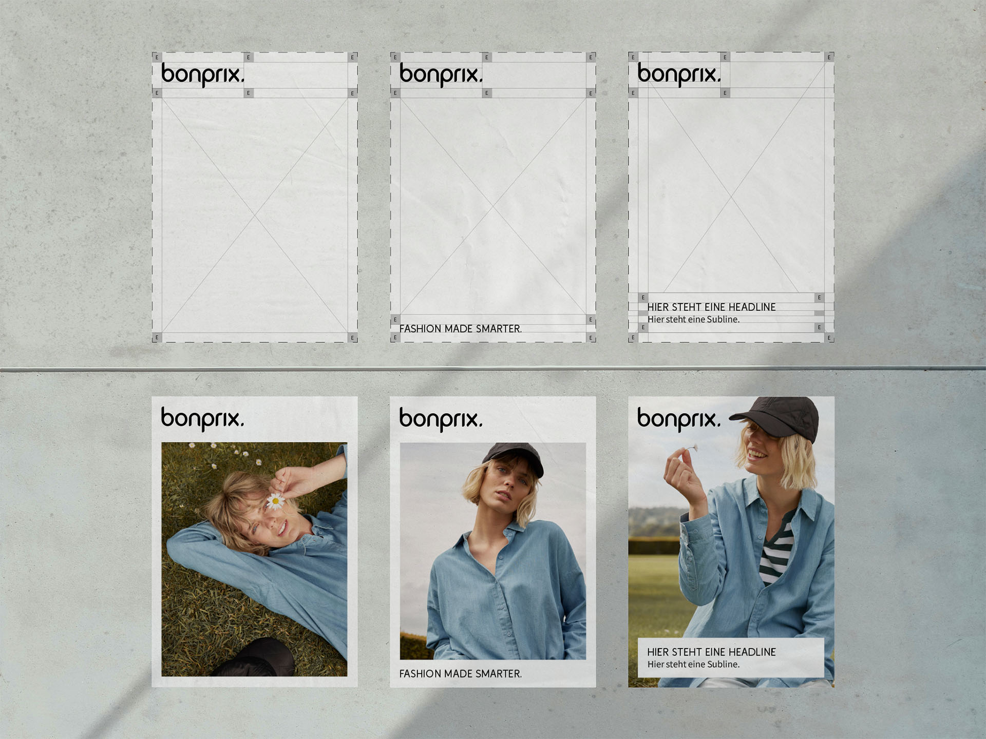 Posters on a wall explaining the concept behind the bonprix poster layout.