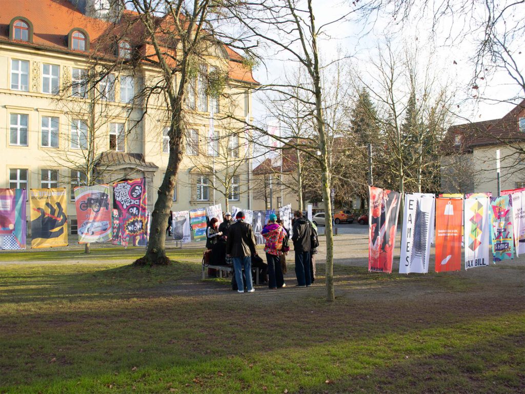 An exhibition of flags designed for HS Anhalt from design students.