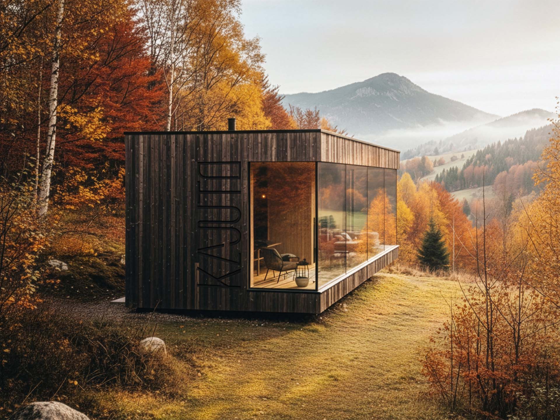 A Kajuto cabin in a rural environment on a hill in the fall.